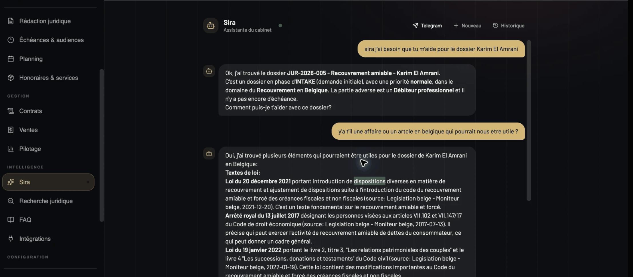 Une conversation avec Sira : elle retrouve le dossier demandé et cite les lois belges applicables, chacune avec sa date et son journal officiel